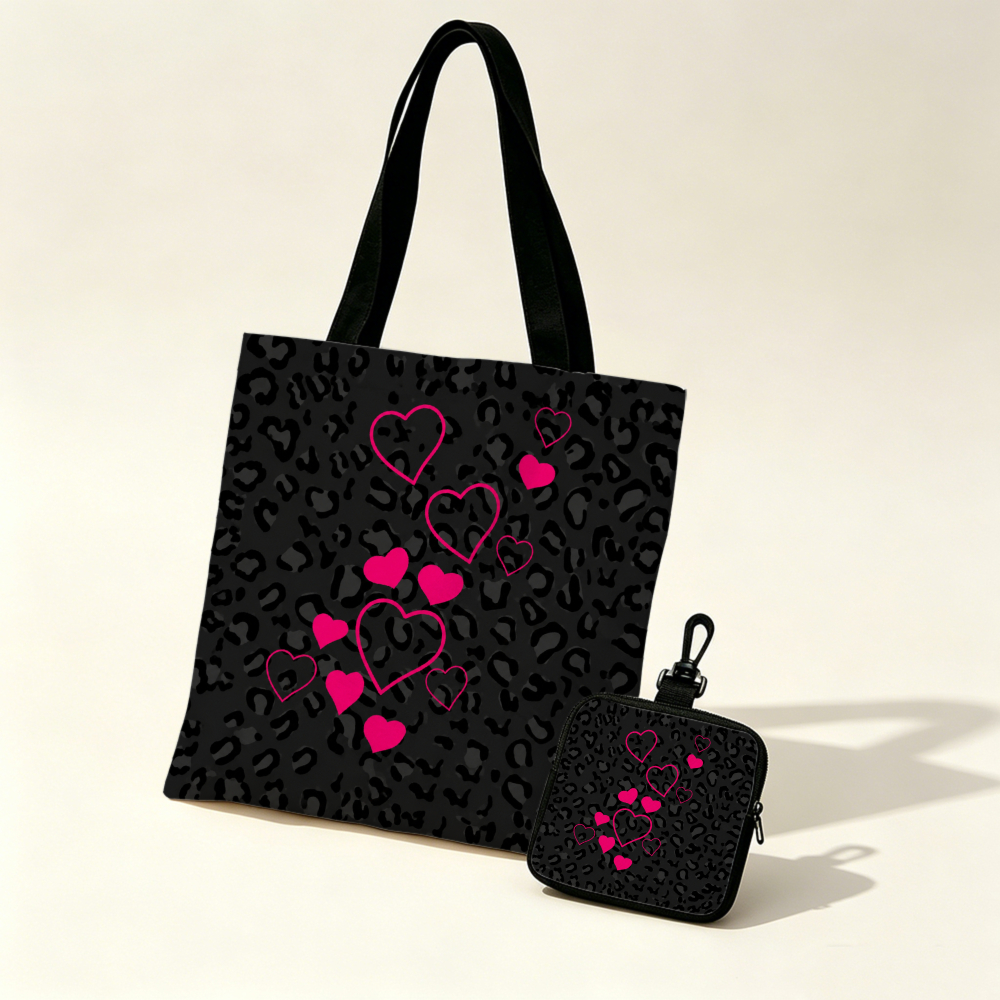Coin Purse Women - Black Leopard Print Pink Hearts Tote