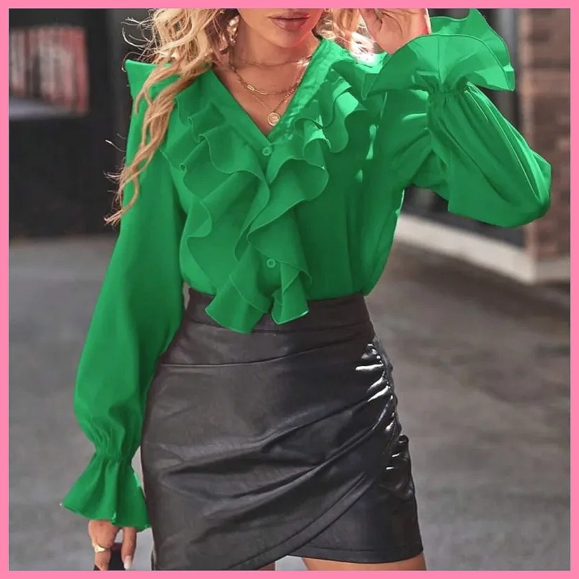 2025 Fashion V-Neck Ruffle Fla - Women Top Fashion recension och pris