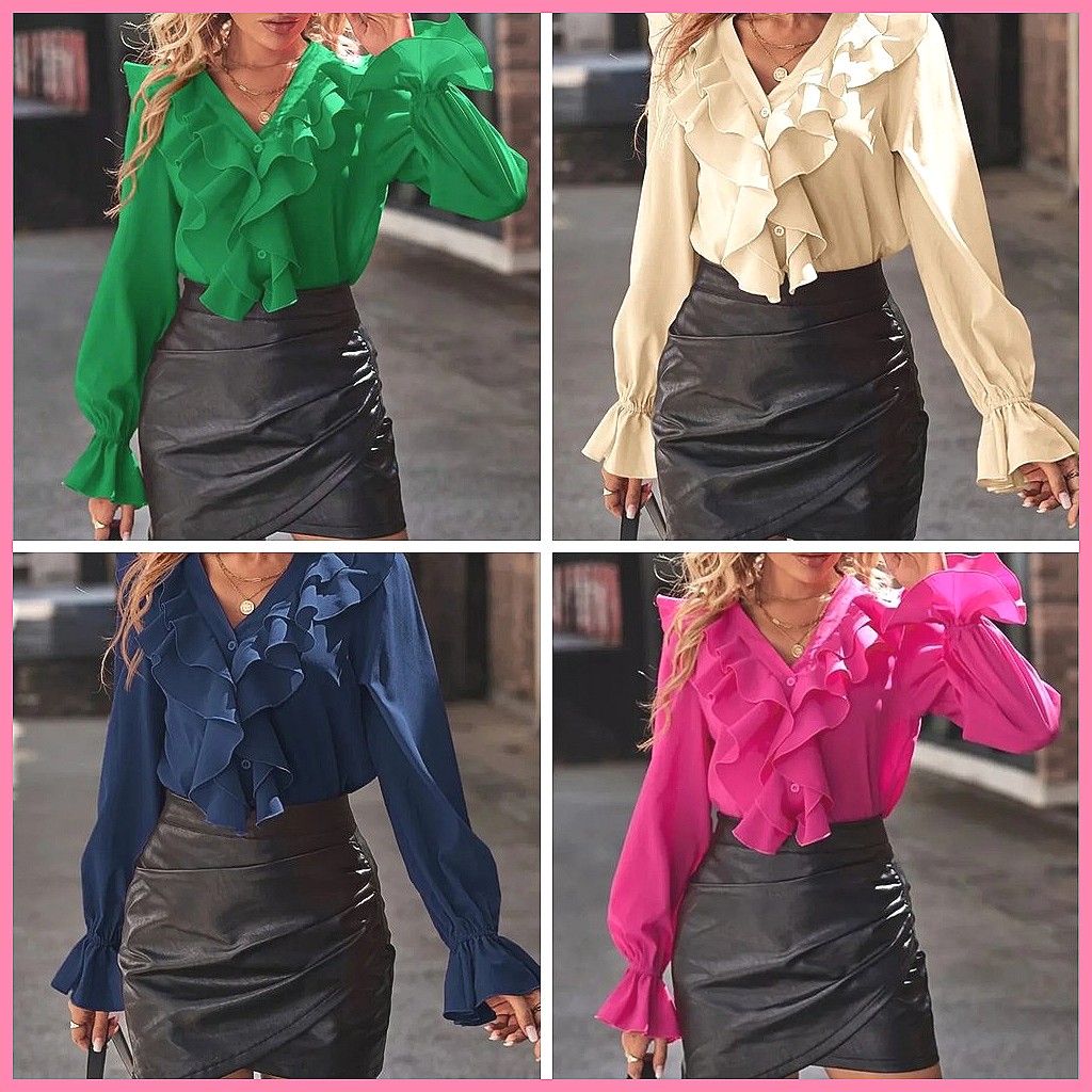2025 Fashion V-Neck Ruffle Fla - Women Top Fashion recension och pris